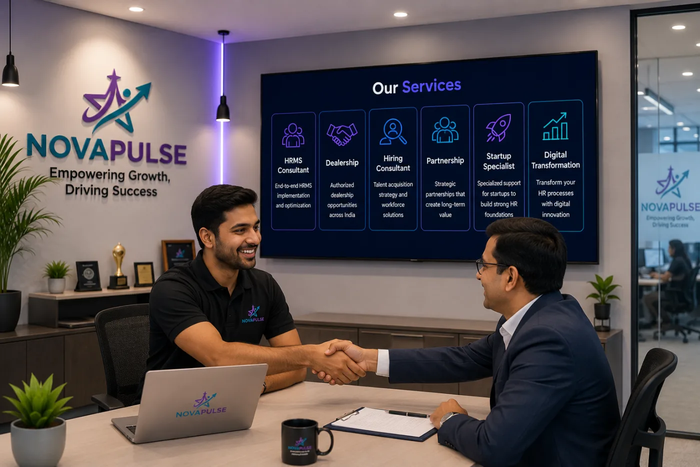 A Nova Pulse consultant meeting a client at the company office